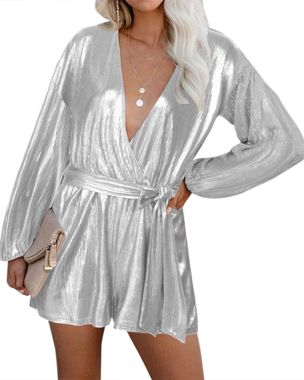 YOINS Women's Sequin Romper Jumpsuit - Long Sleeve V-Neck Bandage Party Outfit with Sparkle Metallic Details | Perfect for Nightclub, Cocktail Party & Holiday Celebrations