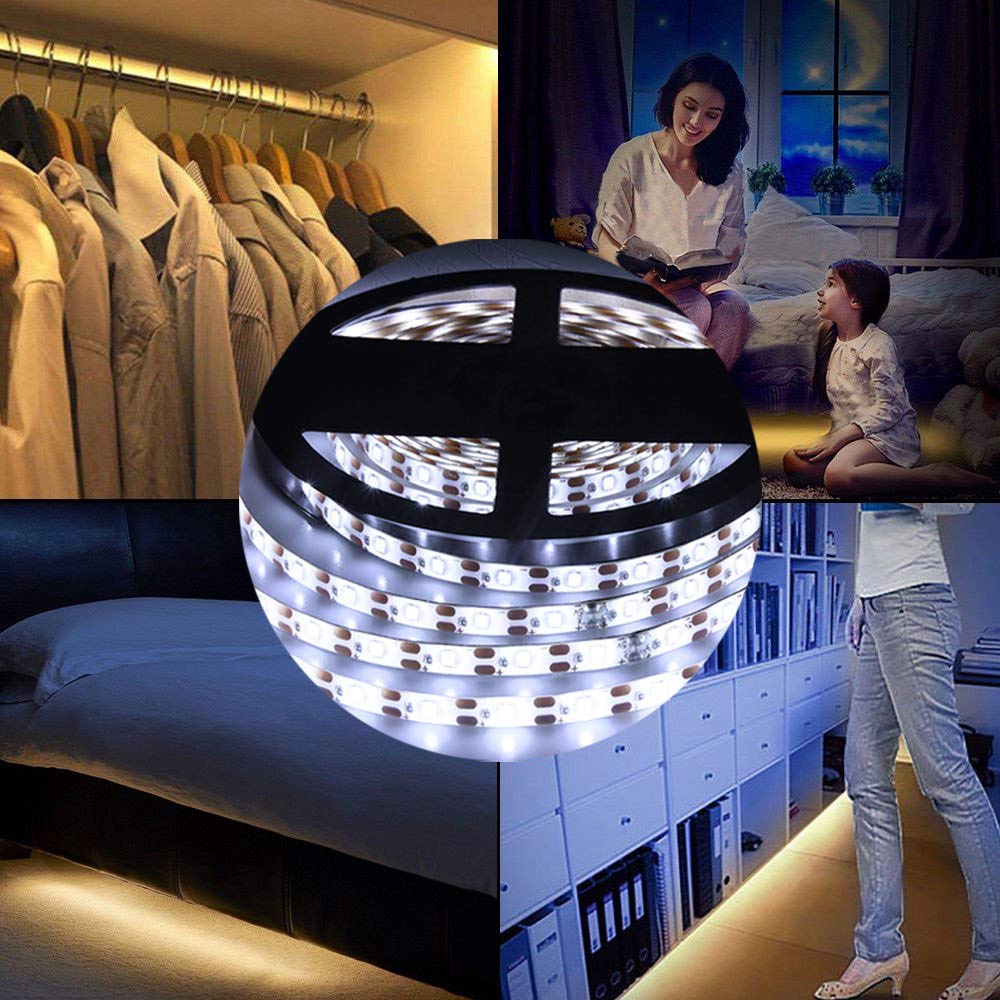 Motion Sensor Wardrobe Light - LED Strip Closet Lights with PIR Auto On/Off, Battery Powered 6000K White Light - Perfect for Bedside, Bathroom, Closet, Cabinet, Kitchen & Stairway Lighting