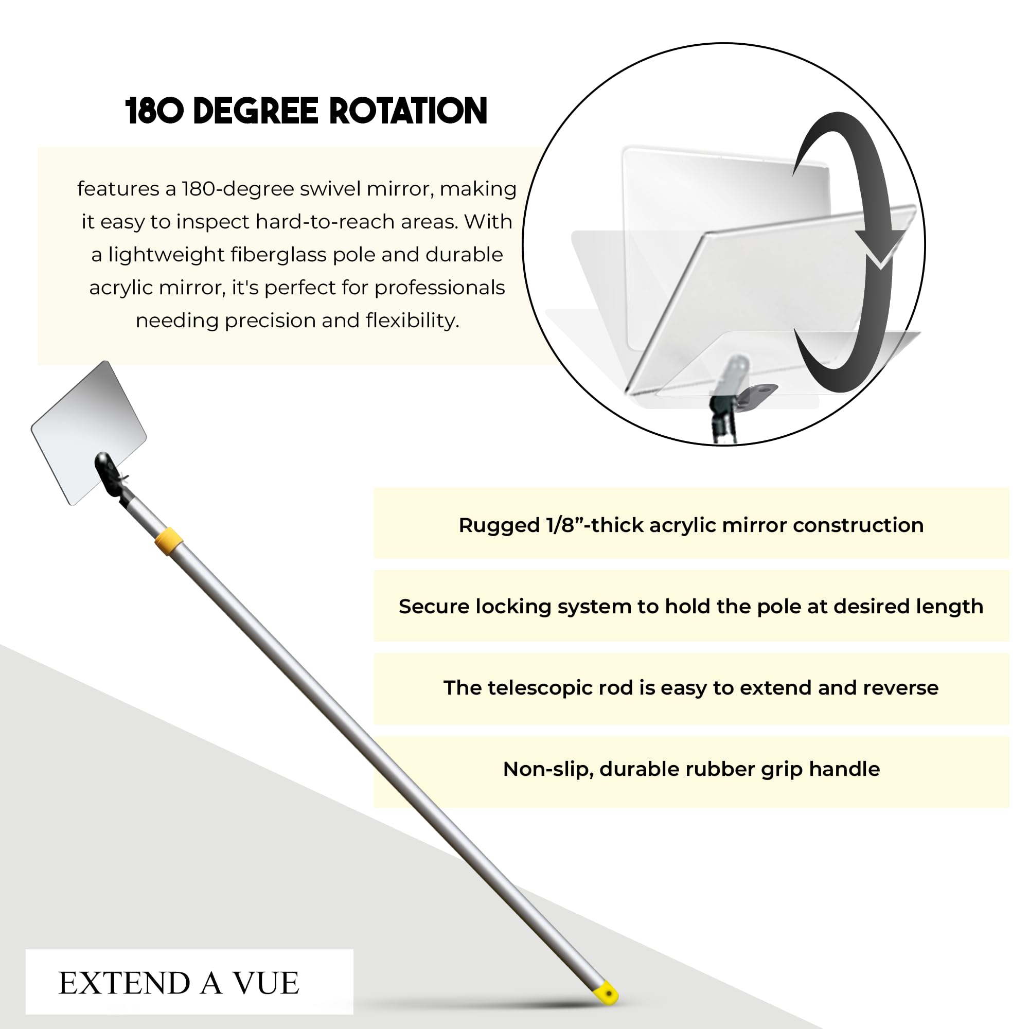 Telescoping Inspection Mirror with 6x6 Inch Acrylic Mirror - Extends from 3ft to 6ft - Lightweight & Durable for Automotive, HVAC & Home Maintenance - Perfect for Mechanics, Electricians & DIY Projects