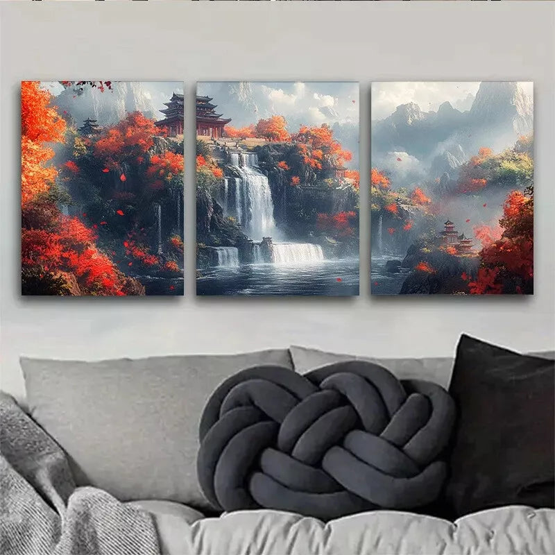 3-Piece Autumn Waterfall Chinese Landscape Wall Art Set - Framed Canvas 50x70cm (19.7x27.6in) - High Quality Print, 100% Australian Made - Ready to Hang - Perfect for Living Room, Bedroom, Office & Home Decor