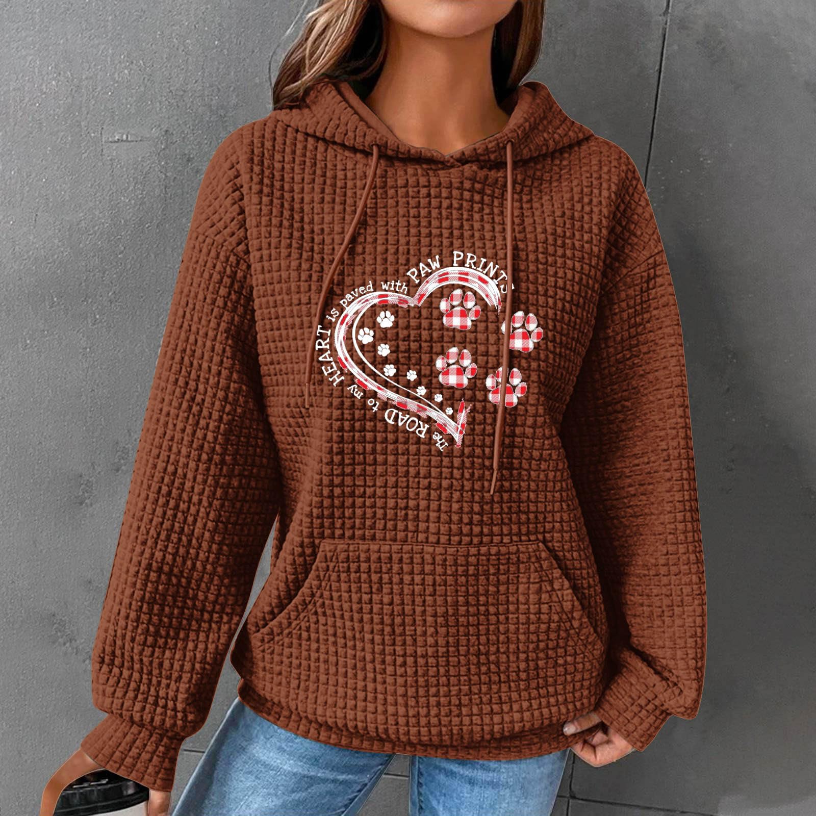 Namayuj Women's Waffle Hoodie - Dog Paw & Love Heart Graphic Print, Pocketed Sweatshirt with Drawstring, Long Sleeve Pullover for Fall 2024 | Cozy Casual Wear, Dog Lover Outfit, Autumn Layering Essential