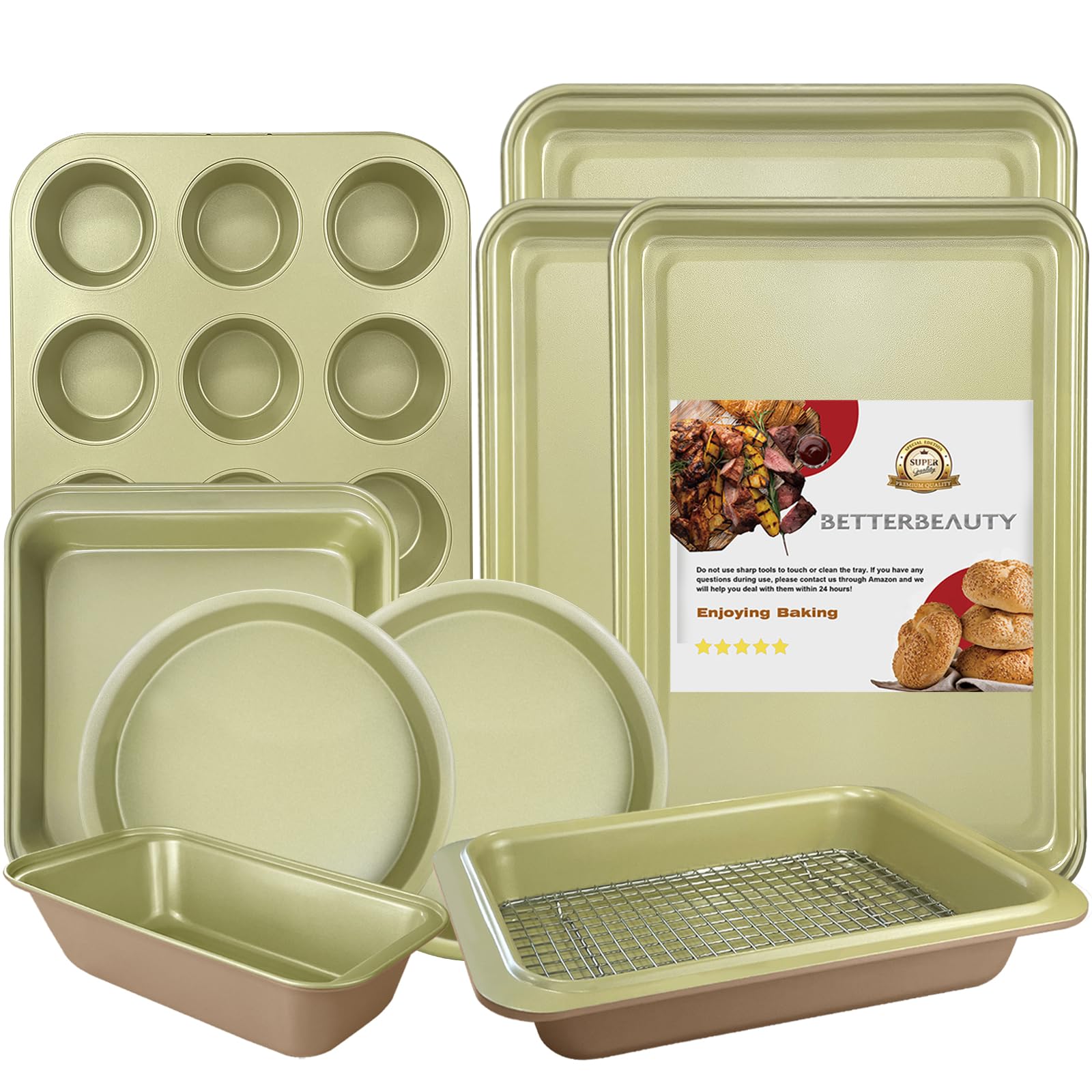 10-Piece Nonstick Bakeware Set - Professional Bicolor Baking Pans with Cookie Sheets, Muffin Pan, Loaf Pan, Cake Pan & Cooling Rack | 0.8mm Thick, Dishwasher Safe, Heavy Duty | Perfect for Baking Cakes, Cookies, Bread & More at Home or Commercial Kitchens