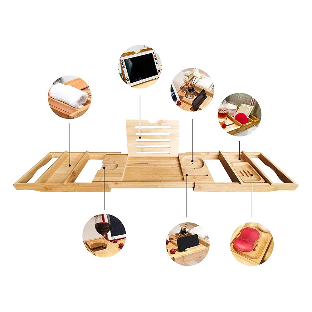 **Retractable Bathtub Caddy Tray - Durable Non-Slip Bath Storage Organizer with Wine Glass Holder, Book Stand & Dish Rack | Perfect for Relaxing Baths, Spa Nights & Reading Time**