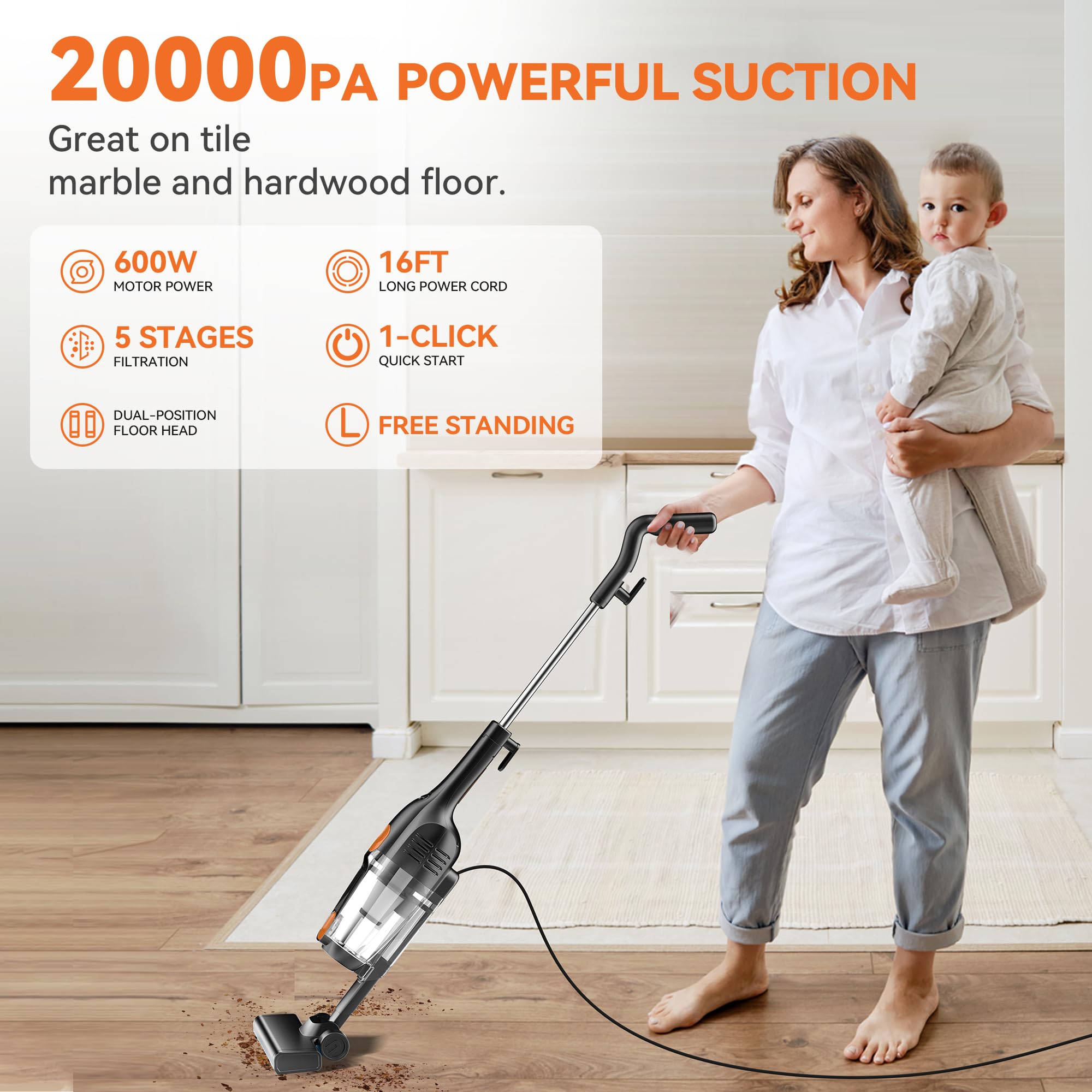 20000Pa Powerful Corded Stick Vacuum Cleaner with 16Ft Long Cord - 2-in-1 Lightweight Vacuum for Hard Floors & Pet Hair (Orange) - Perfect for Home Cleaning, Pet Owners & Quick Pickups