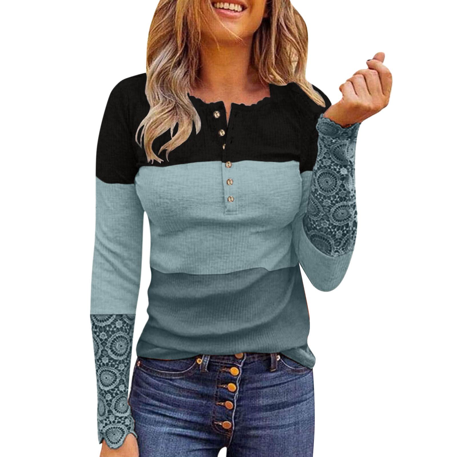 Women's Long Sleeve Lace V-Neck Button Down Henley Shirt - Elegant Blouse for Work, Date Night & Casual Outfits | Comfortable & Stylish Top