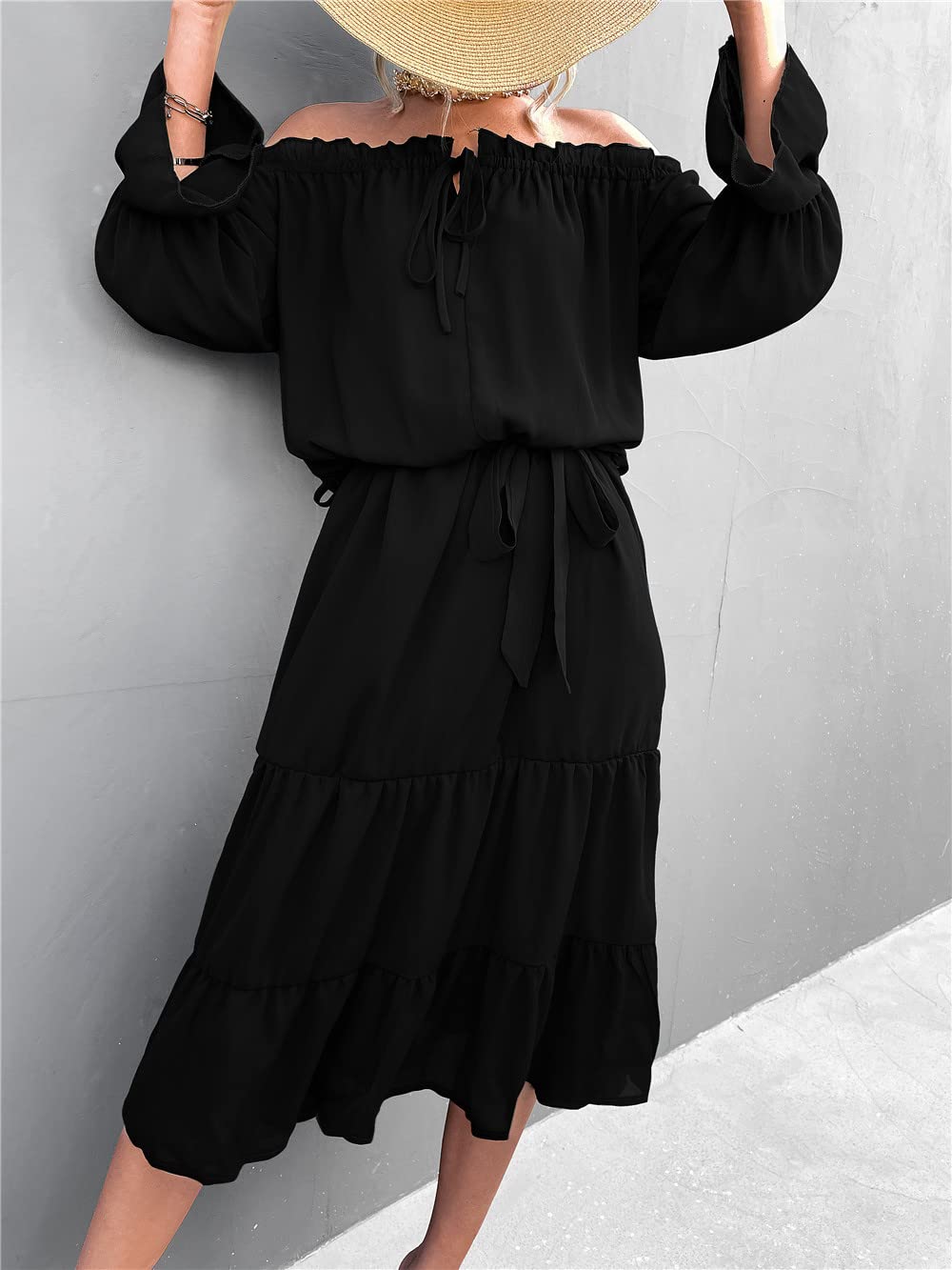Women's Midi Off Shoulder Ruffle Long Sleeve Summer Dress - Solid Color Loose Fit Tiered Tunic with Tie Neck | Perfect for Beach Vacations, Date Nights & Summer Parties