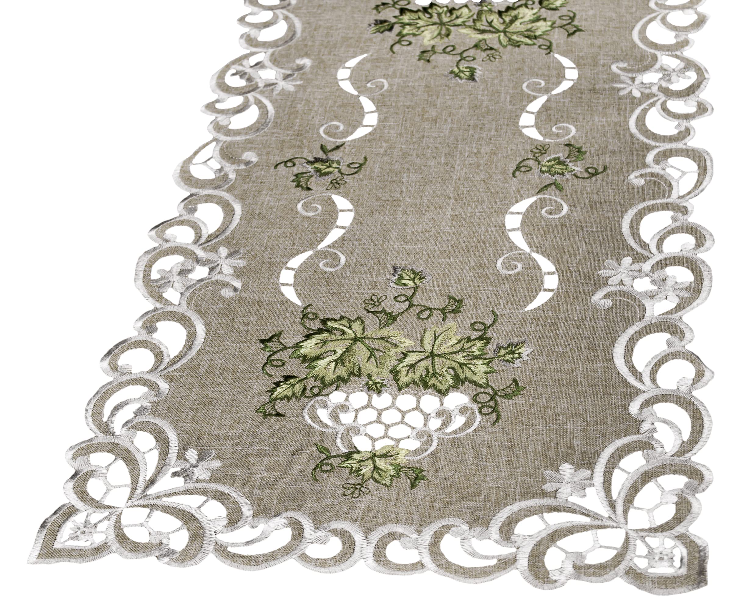 Antique Green Embroidered Leaf Table Runner - 16x70 Inches Long Dresser Scarf for Dining Table, Buffet, or Console Decor