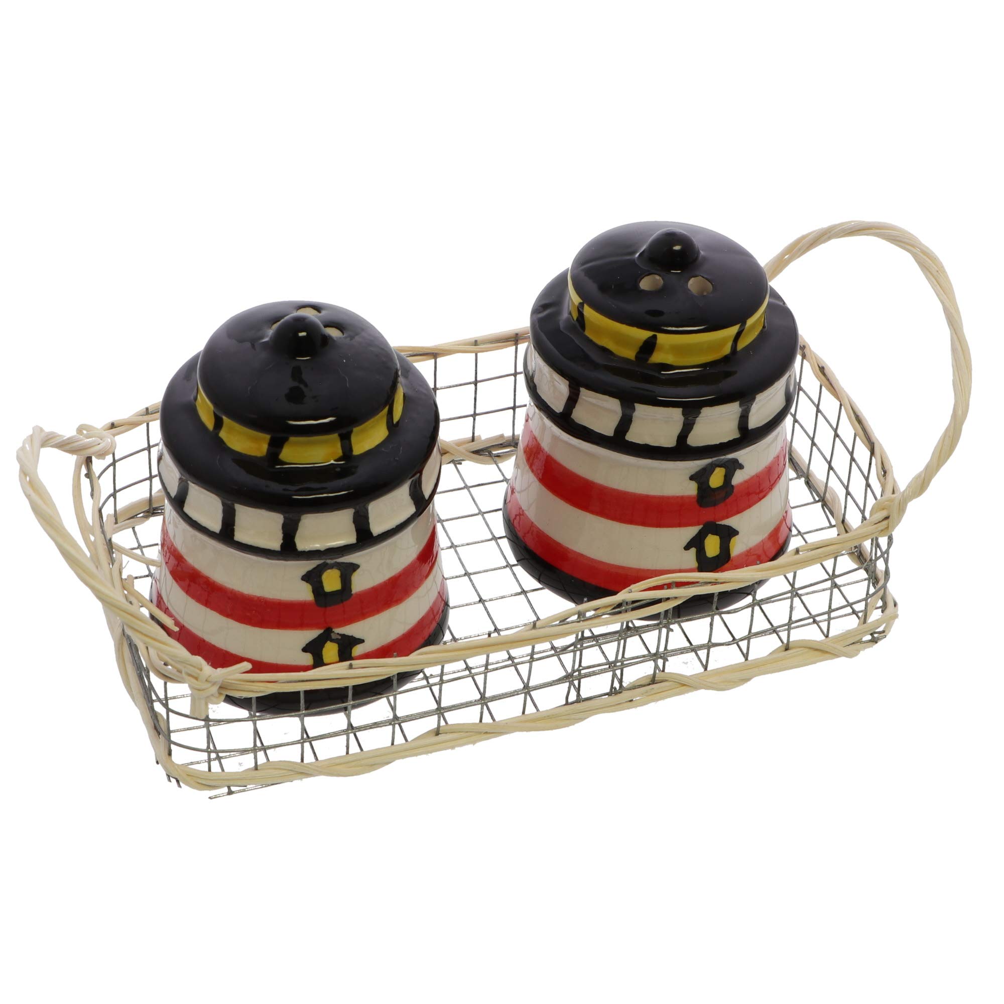 Ceramic Lighthouse Salt and Pepper Shaker Set - Black and Red Novelty Kitchen Decor for Dining Table, Restaurant, or Gift Idea