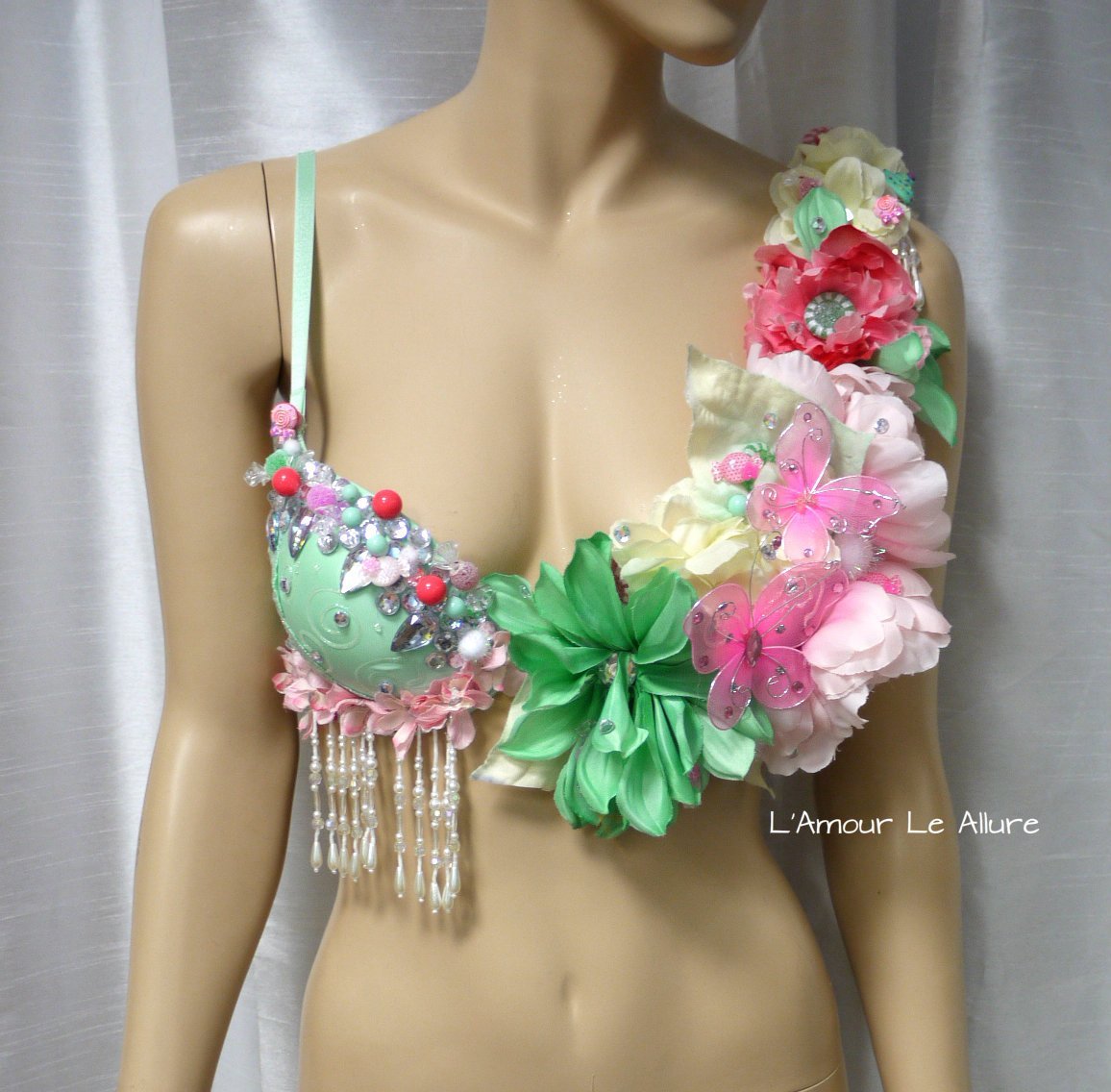 Pink Mint Candy Flower Fairy Fringe Rave Bra - Sexy Halloween Dance Costume for Women, Festival Outfit, Rave Wear, Bachelorette Party, Cosplay & Burlesque Performance