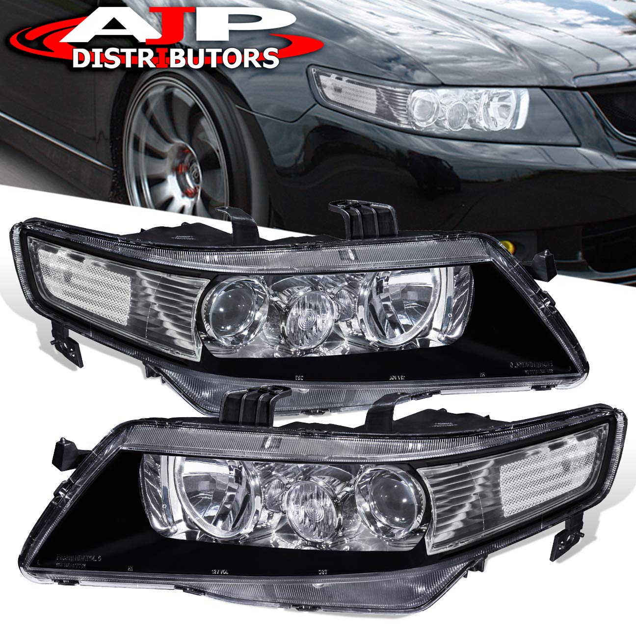 AJP Distributors TSX CL9 Projector Headlights Replacement Set - Black Housing, Clear Lens & Reflector for 2004-2008 Honda Accord (Perfect for Night Driving & Car Upgrades)