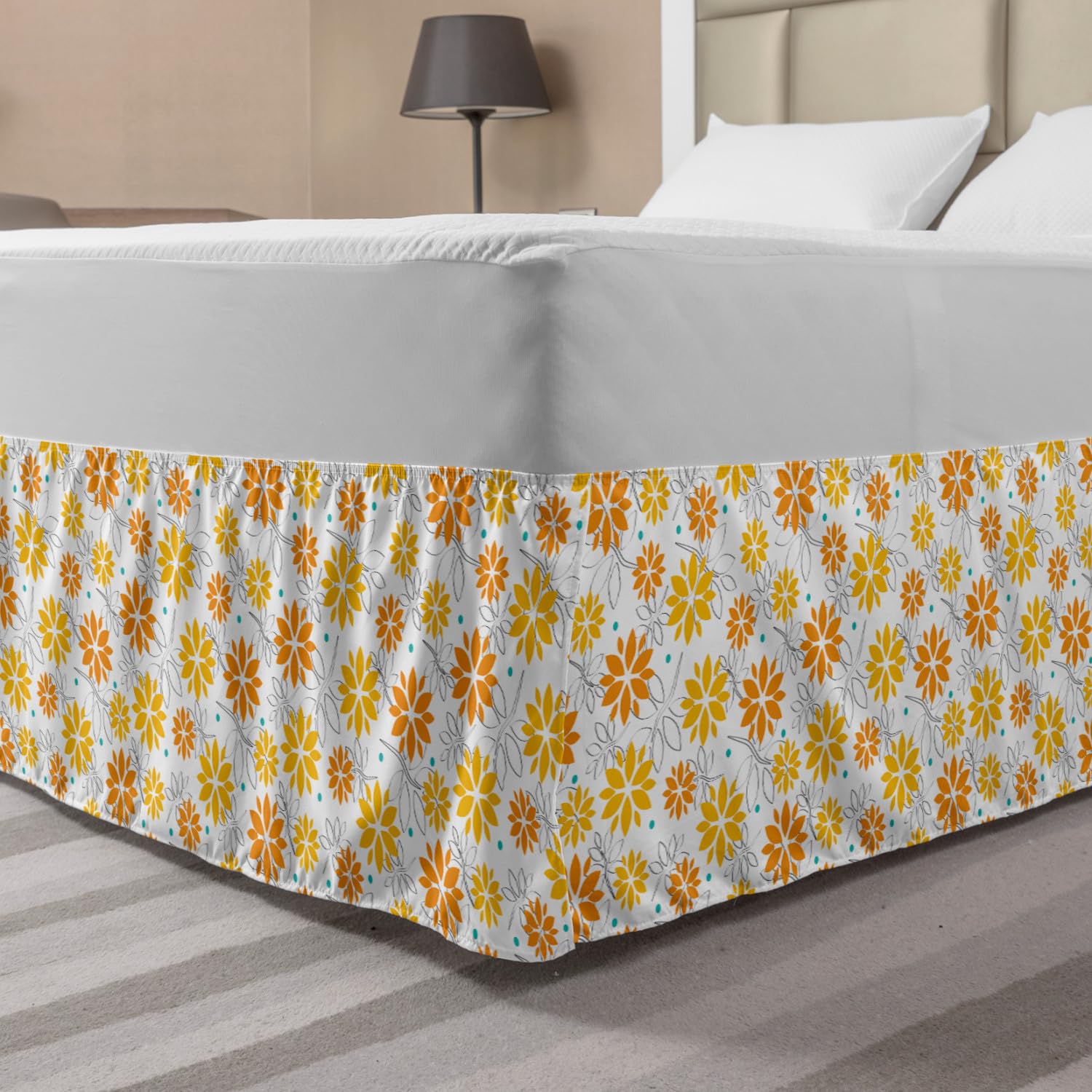 Ambesonne Floral Polka Dot Elastic Bed Skirt - King Size White & Orange Dust Ruffle Wrap for Bedding Decor - Perfect for Spring & Summer Bedroom Refresh