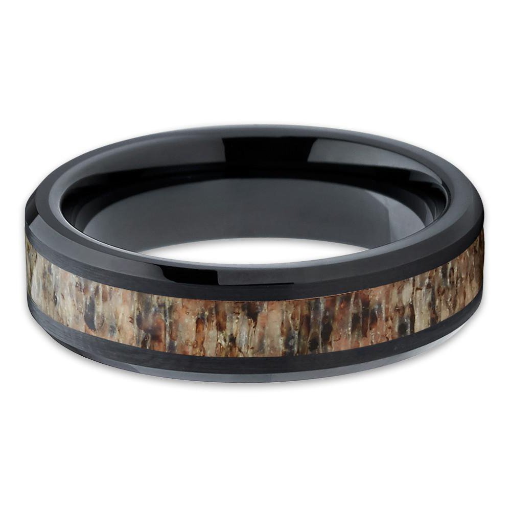 Deer Antler Wedding Band for Men & Women - Natural Tungsten Carbide Comfort Fit Black Wedding Ring - Perfect for Outdoor Enthusiasts & Nature-Inspired Couples