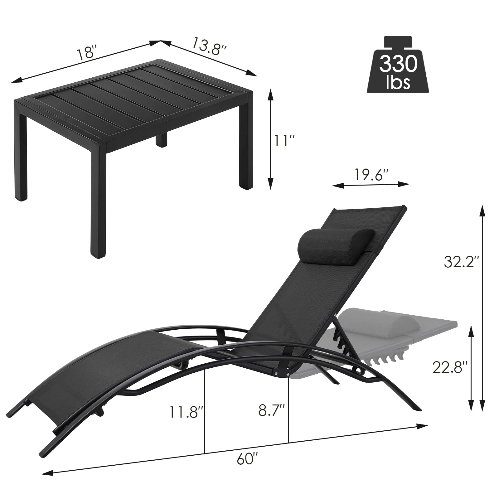 **AthLike 3-Piece Pool Chair Set with Headrest – Adjustable Patio Chaise Lounge for Sunbathing, Tanning – Outdoor Beach & Poolside Recliner Chairs with Side Table (Black) – Perfect for Backyard, Resort & Vacation Relaxation**
