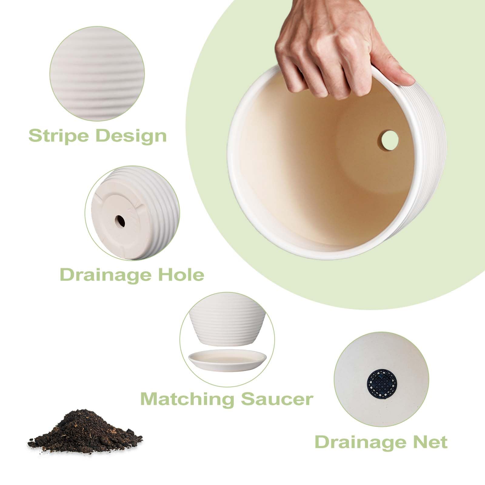 8 Inch White Ceramic Planter Pot with Drainage Hole & Saucer - Modern Round Flower Pot for Indoor & Outdoor Plants - Perfect for Home Decor, Office, Garden, and Patio