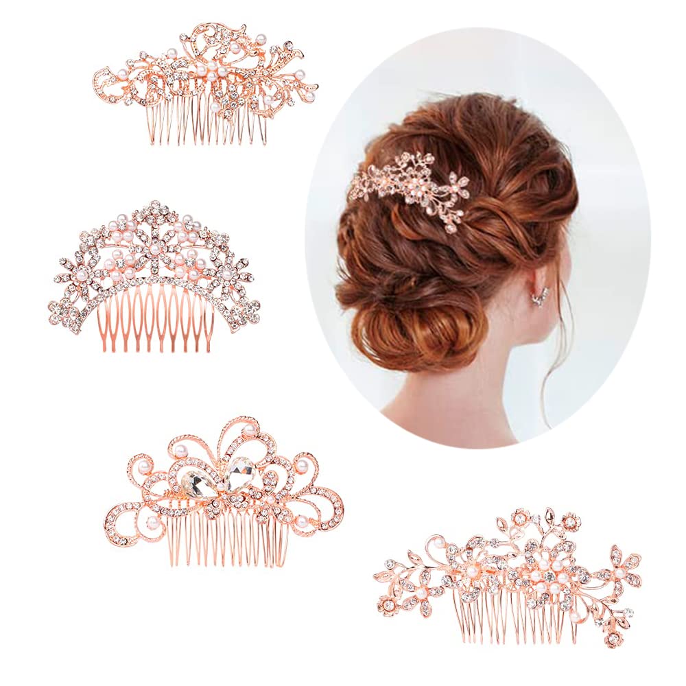 Rose Gold Bridal Hair Combs with Pearls & Rhinestones - 4pc Set for Weddings & Parties