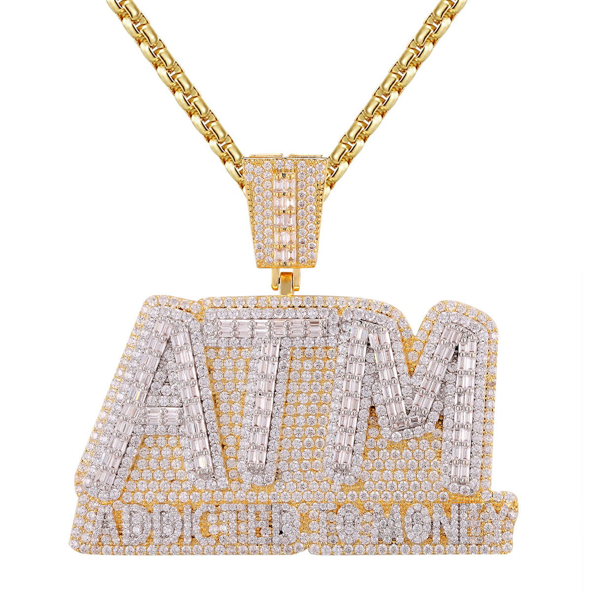 Gold Tone ATM 'Addicted to Money' Baguette Icy Custom Pendant Necklace - Perfect for Hip Hop Jewelry, Bling Accessories & Streetwear Fashion