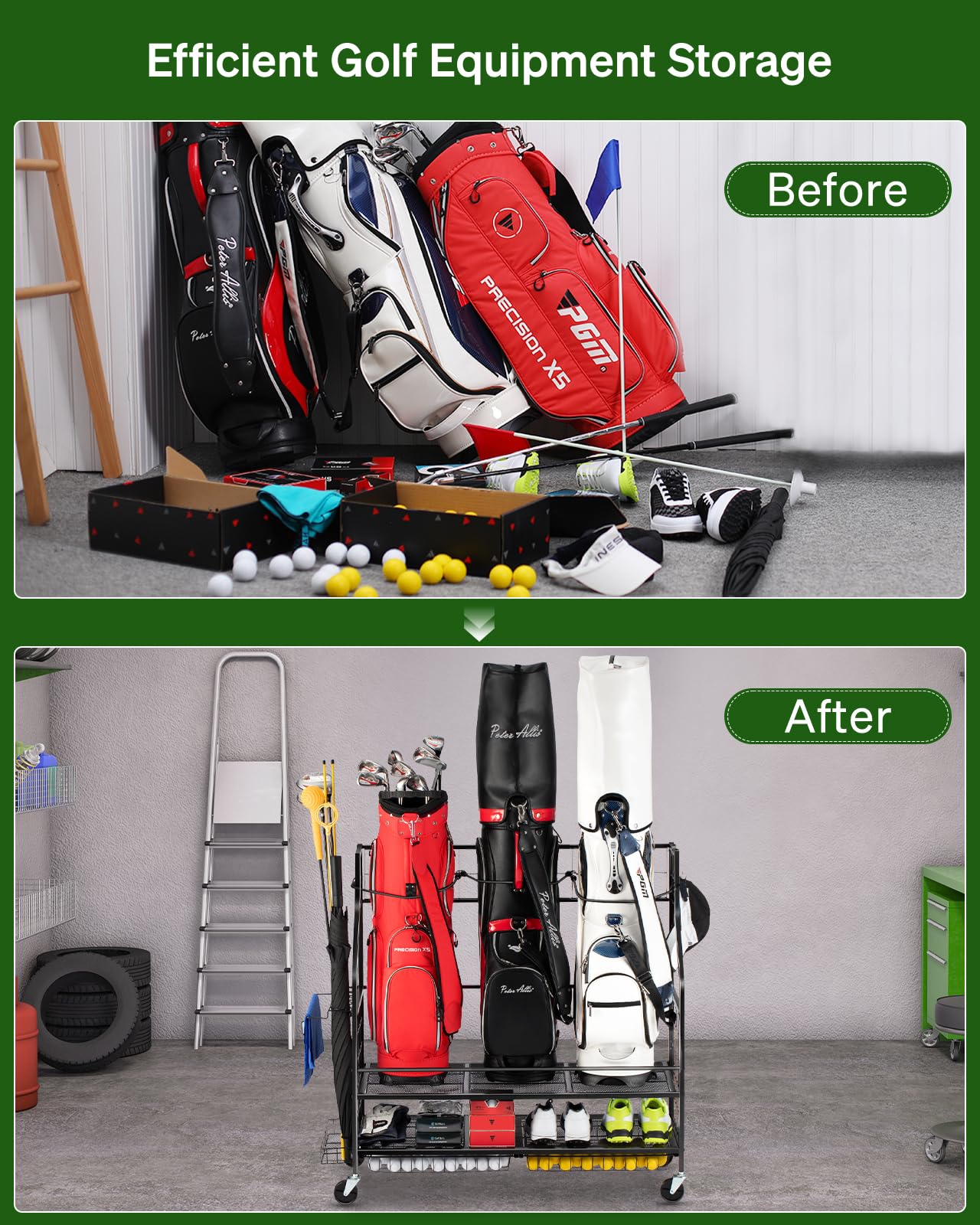 3 Golf Bag Storage Organizer with Wheels - Heavy Duty Golf Bag Stand Holds 3 Golf Bags, Clubs & Accessories - Portable Golf Equipment Rack for Garage, Basement, Shed & Club Storage (Ideal for Home & Golf Course Use)