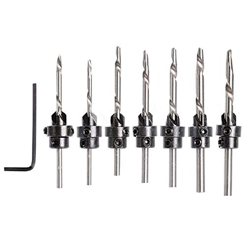 7-Piece Countersink Drill Bit Set with Stop Collars & Wrench - Quick Change Wood Pre-Drill Counterbore Bits for Cabinetry, Furniture & DIY Woodworking Projects