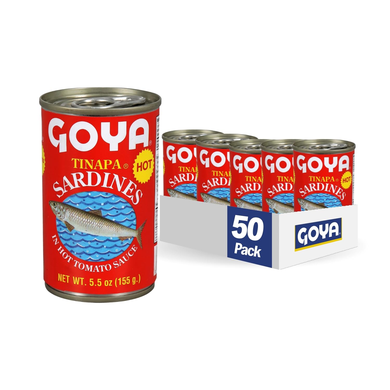 Goya Foods Sardines in Hot Tomato Sauce, 5.5 Ounce (Pack of 50) - Premium Canned Fish for Cooking, Snacks & Emergency Food Storage