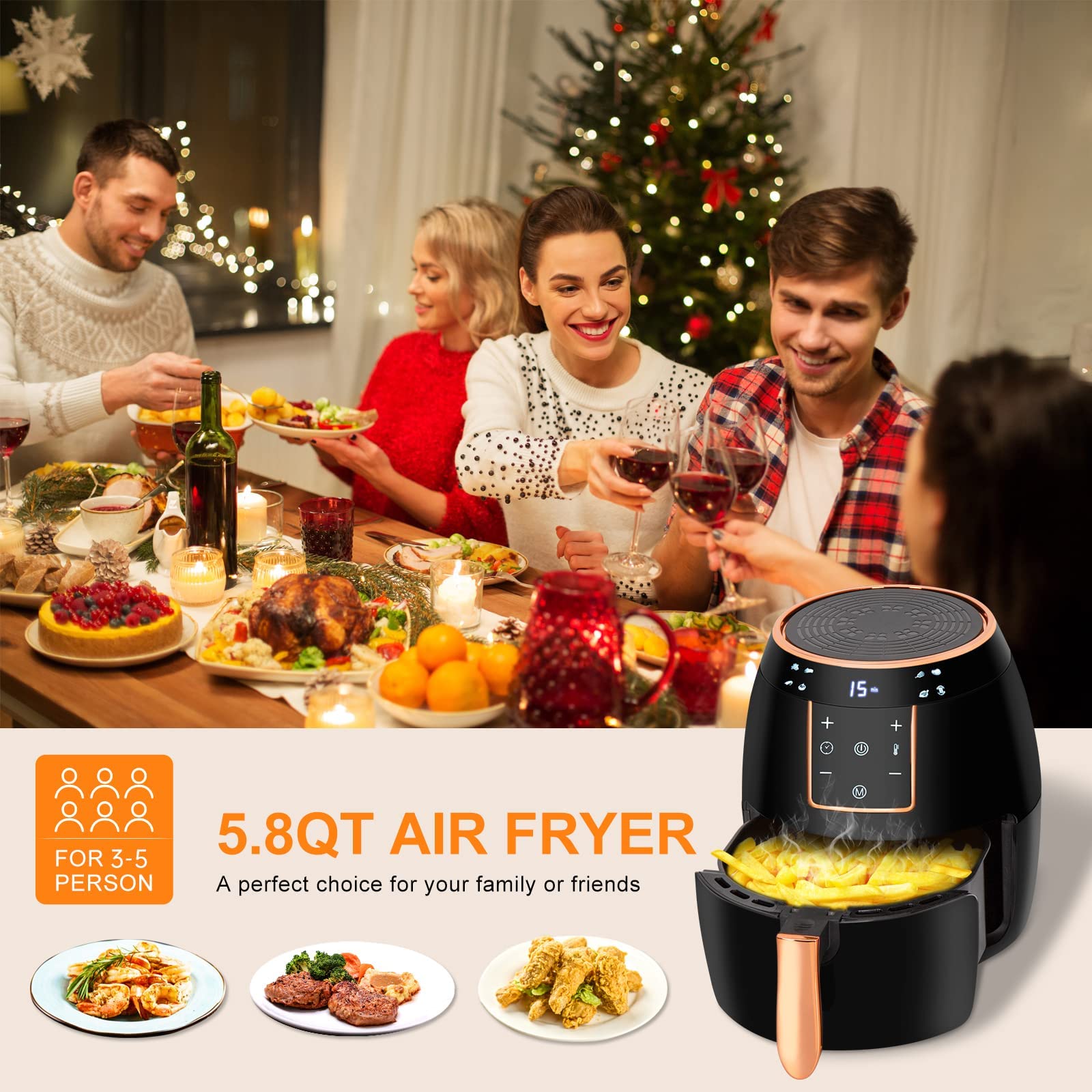 5.8QT Digital Air Fryer with Touch Screen - 1300W Non-Stick Basket, Adjustable Temp Control, Timer & Auto Shut-Off - Includes Free Recipe Book - Perfect for Healthy Frying, Roasting & Baking (Black)