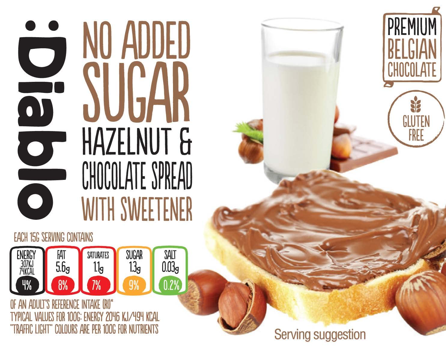 Diablo Hazelnut Chocolate Spread - No Added Sugar, Gluten Free, Healthy Nutella Alternative - Natural Chocolate Hazelnut Butter for Bread, Toast, Pancakes & Desserts - 350g Jar - Perfect for Breakfast, Snacks & Gift Giving