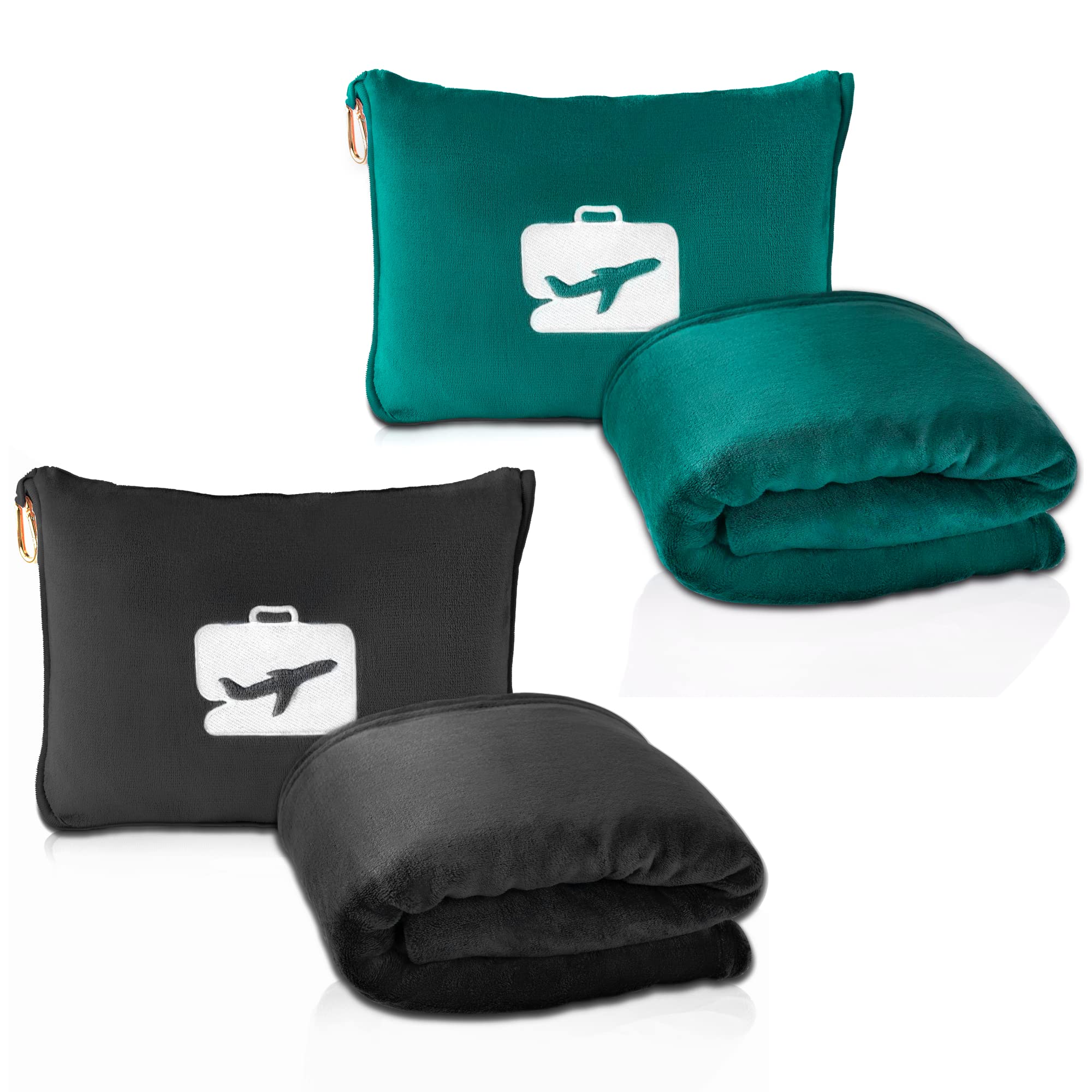 EverSnug Travel Blanket and Pillow Set - Ultra Soft Airplane Essentials with Carry Case for Women & Kids (Black & Teal) | Perfect for Flights, Road Trips and Camping Adventures