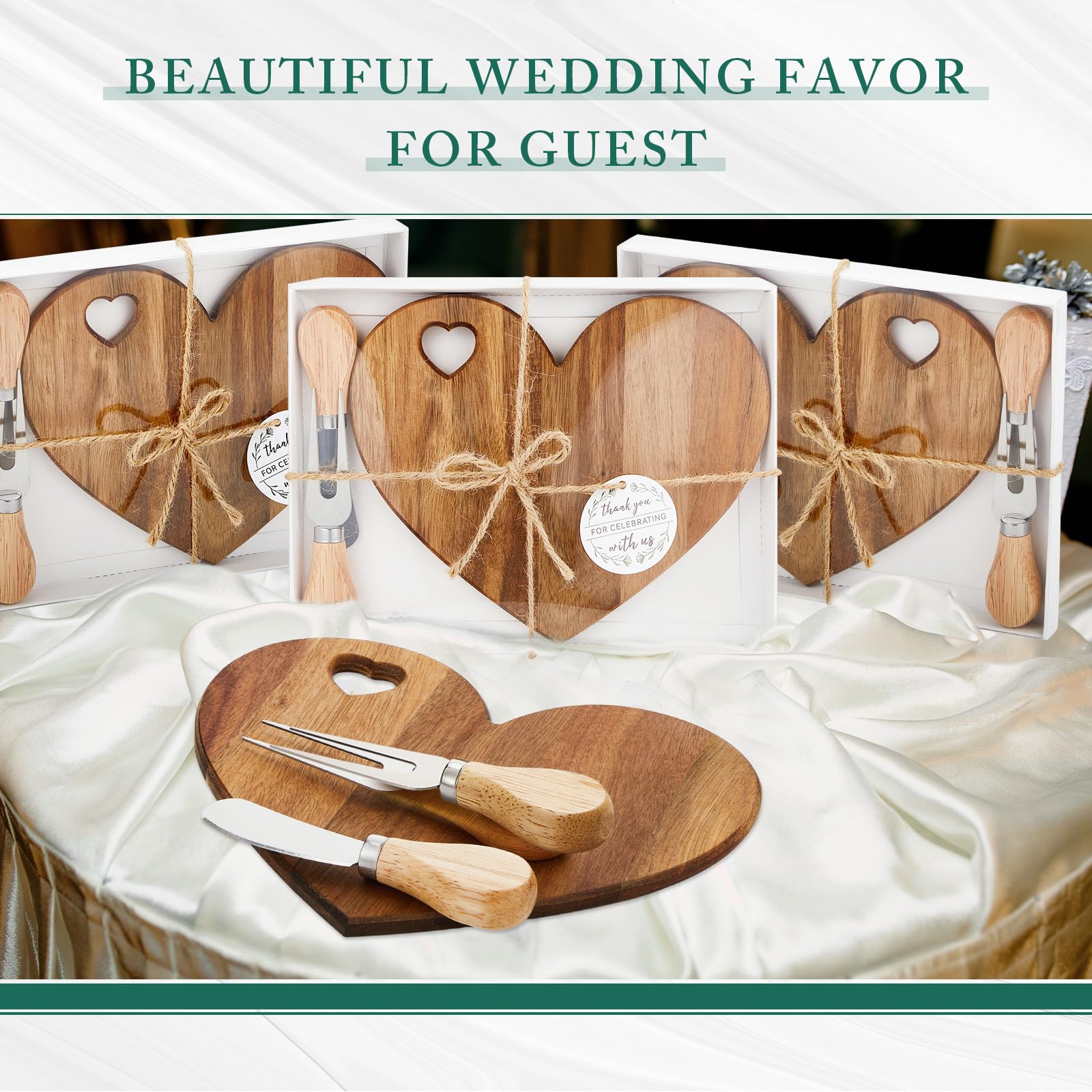 36-Piece Heart-Shaped Acacia Wood Cheese Board Set with Knives - Perfect for Bridal Showers, Baby Showers, Weddings & Valentine's Gifts - Elegant Charcuterie Serving Platter & Thank You Favors for Guests