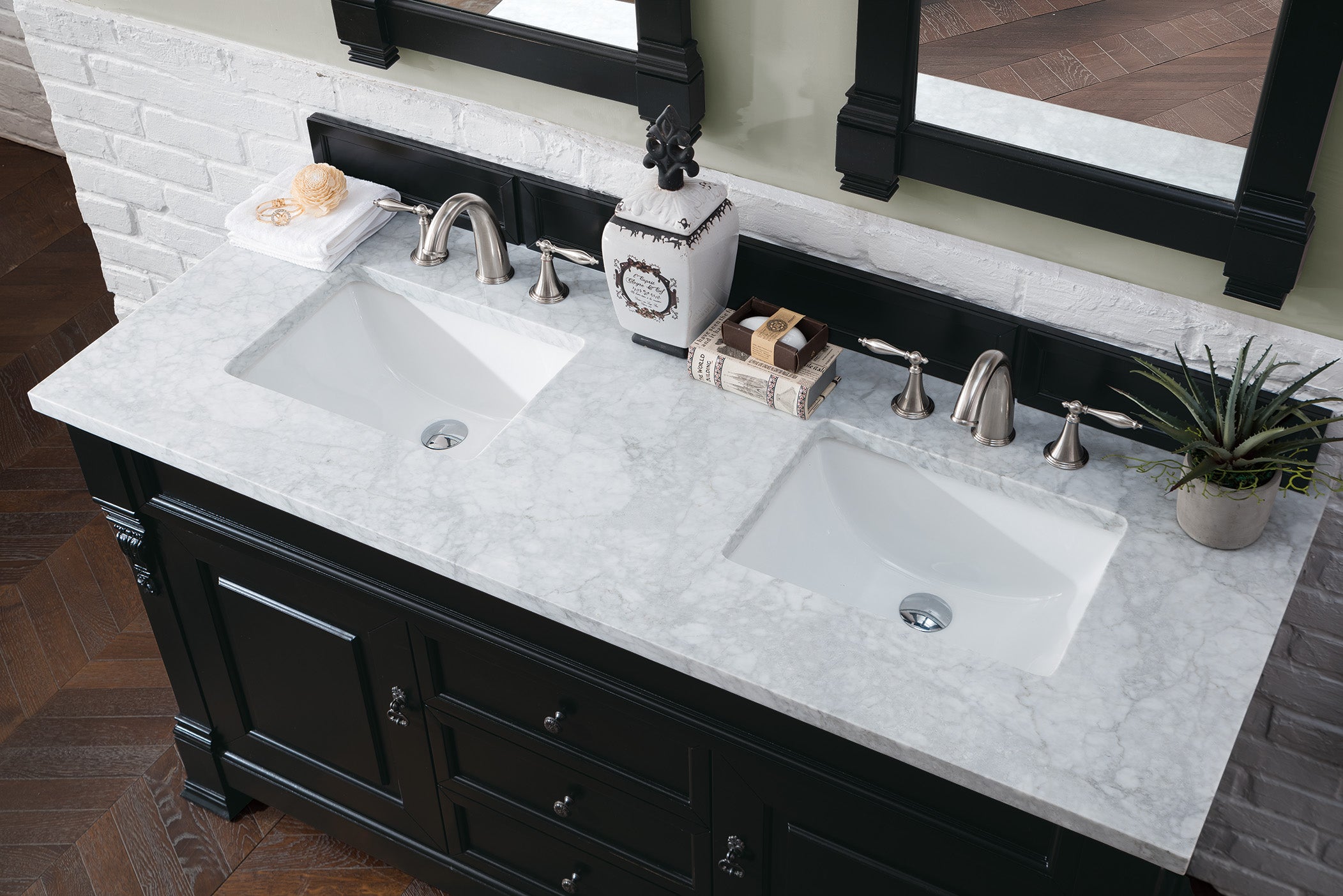 Brookfield 60 Inch Double Sink Bathroom Vanity in Antique Black with 3CM Carrara Marble Top - Perfect for Master Bathroom Remodeling and Modern Home Decor