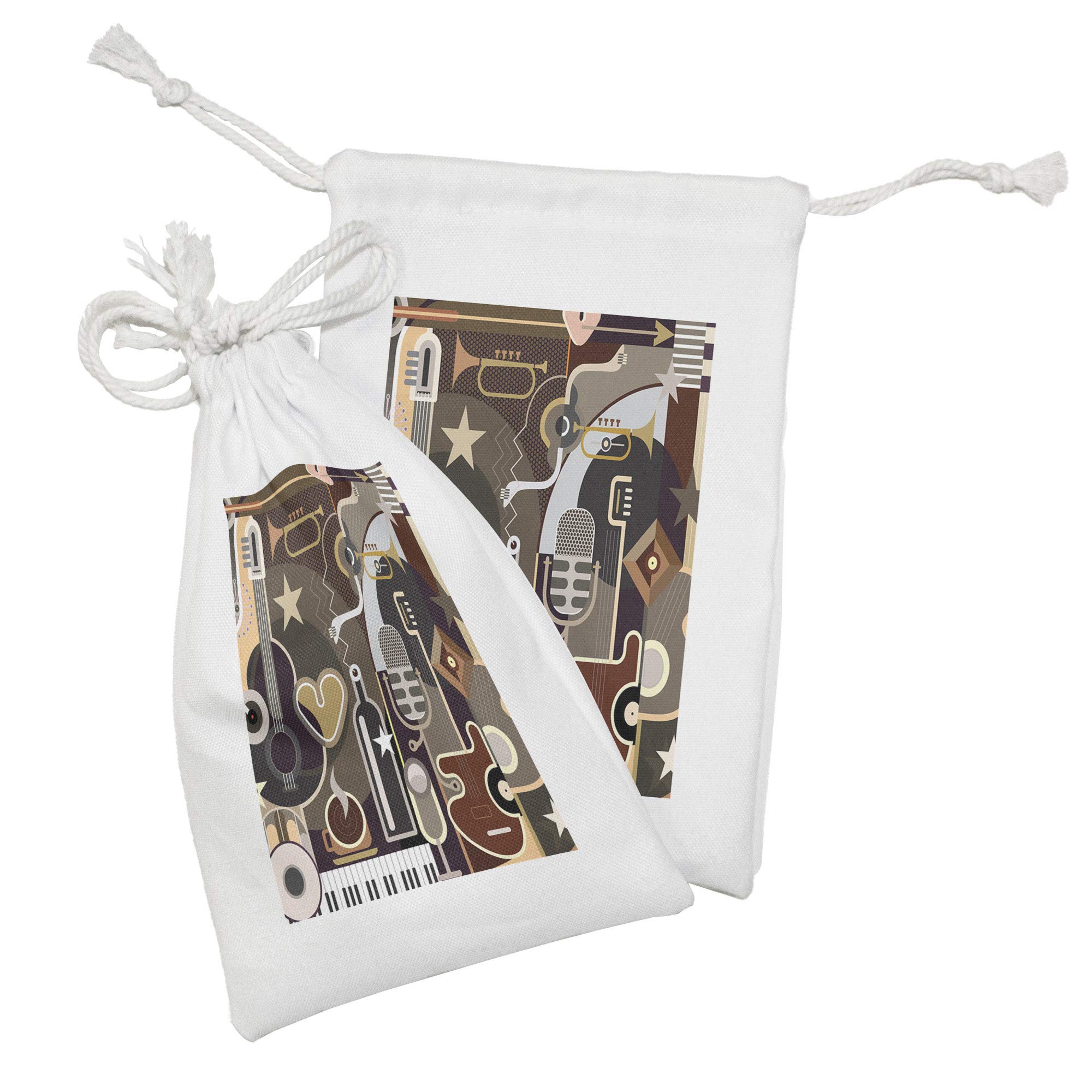 Ambesonne 2-Pack Music Themed Fabric Pouches - Abstract Musical Instruments & Stars Design, Small Drawstring Bags (9