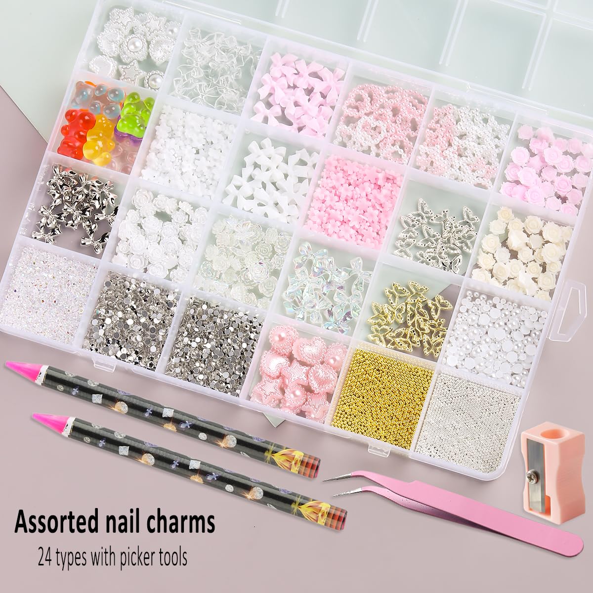 3D Nail Charms Bulk - 500pcs Assorted Colorful Nail Art Decorations with Flowers, Hearts, Pearls, Butterflies, Bows & Crystals - DIY Manicure Accessories Kit with Pickup Tool for Professional Salon, Home Nail Art & Party Glam