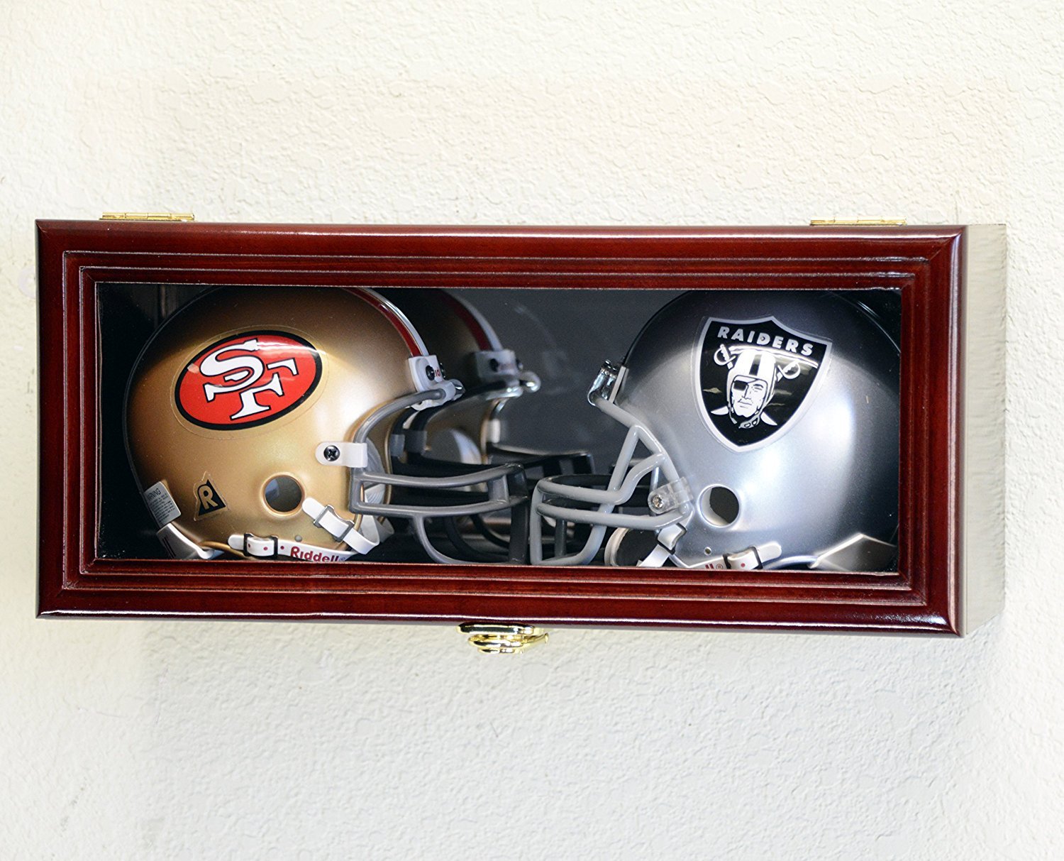 2 Mini Helmet Display Case with UV Protection & Lockable Mirror Back - Cherry Finish for Football, Baseball & Sports Memorabilia Collection & Home Decor