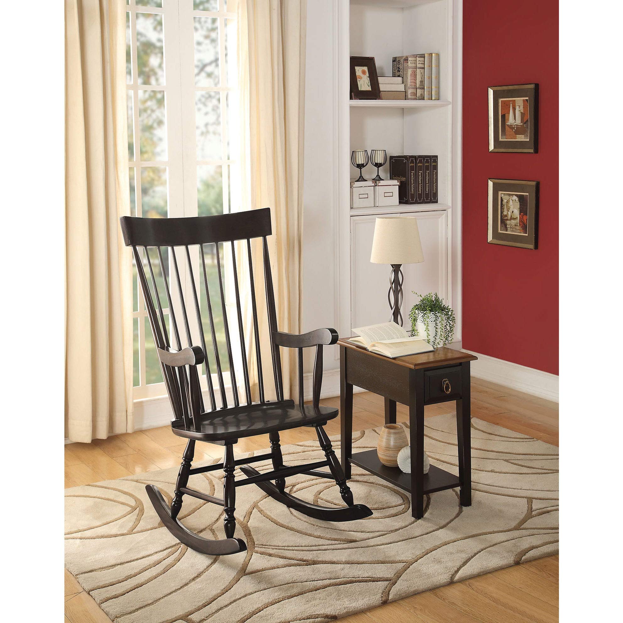 Solid Black Rubberwood Rocking Chair - Traditional Casual Wooden Rocker for Living Room, Nursery, Porch & Patio Relaxation