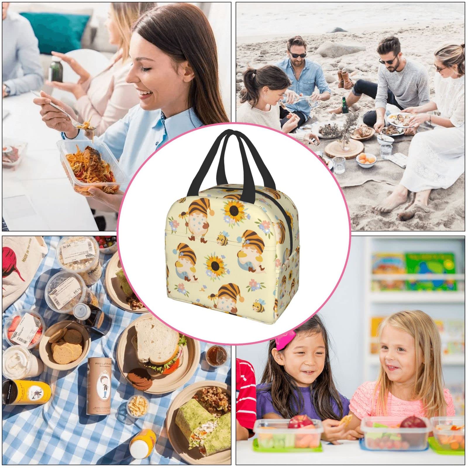 Insulated Lunch Box with Cute Sunflower & Gnome Design - Reusable & Leakproof Meal Container for Work, School, Travel & Picnic - Portable Tote Lunch Bag for Men & Women