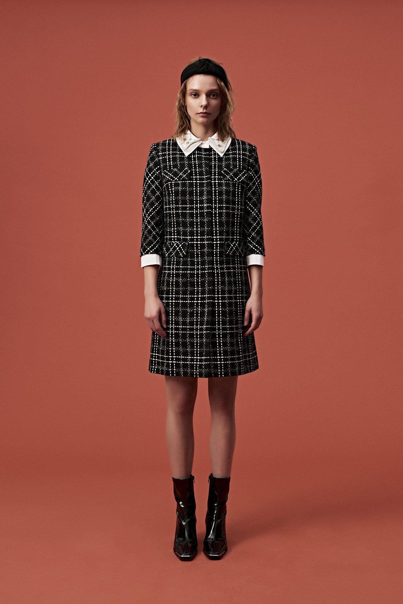 Elegant Black Tweed Dress with White Beaded Lapel - Perfect for Office, Cocktail Parties & Formal Events