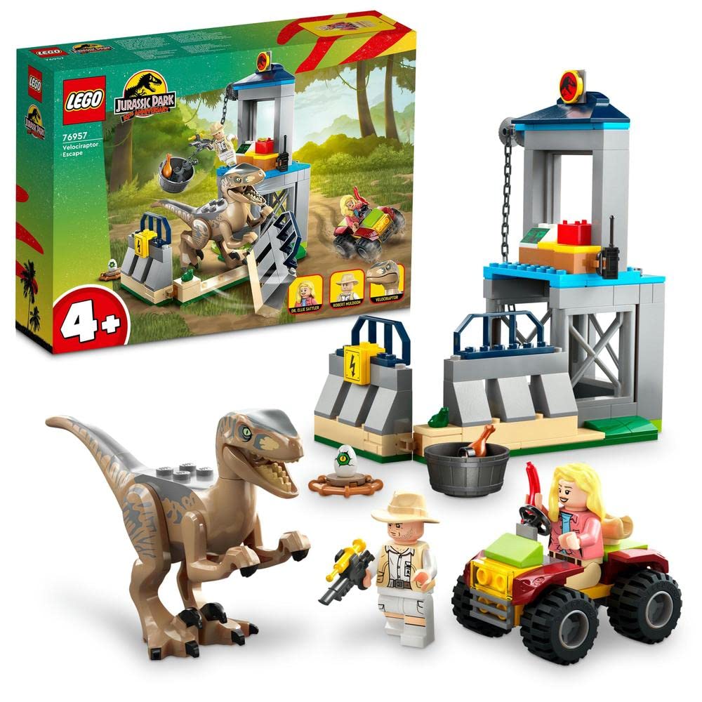 LEGO Jurassic Park Velociraptor Escape Building Toy Set with Dinosaur, Constructible Building, Off-Road Vehicle & 2 Minifigures - Creative Play Gift for Boys & Girls Ages 4+ (76957) - Perfect for Jurassic Park Fans, Birthday Gifts & Dinosaur-Themed Playtime