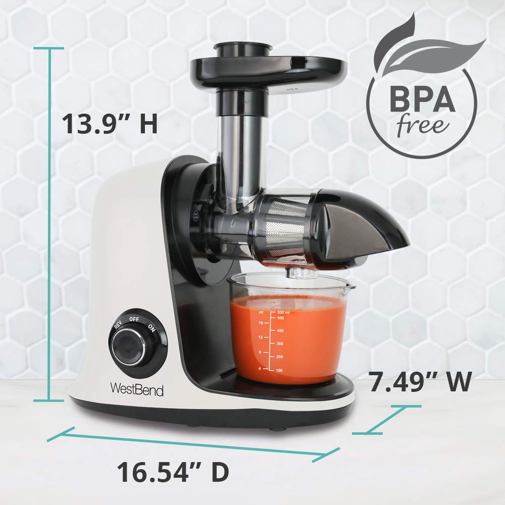 West Bend Cold Press Masticating Juicer - 150W Quiet Motor with Anti-Clog & Reverse Function for Nutrient-Rich Juices - Perfect for Fruits, Vegetables, Leafy Greens - Ideal for Healthy Breakfasts, Detox Drinks & Family Nutrition - White