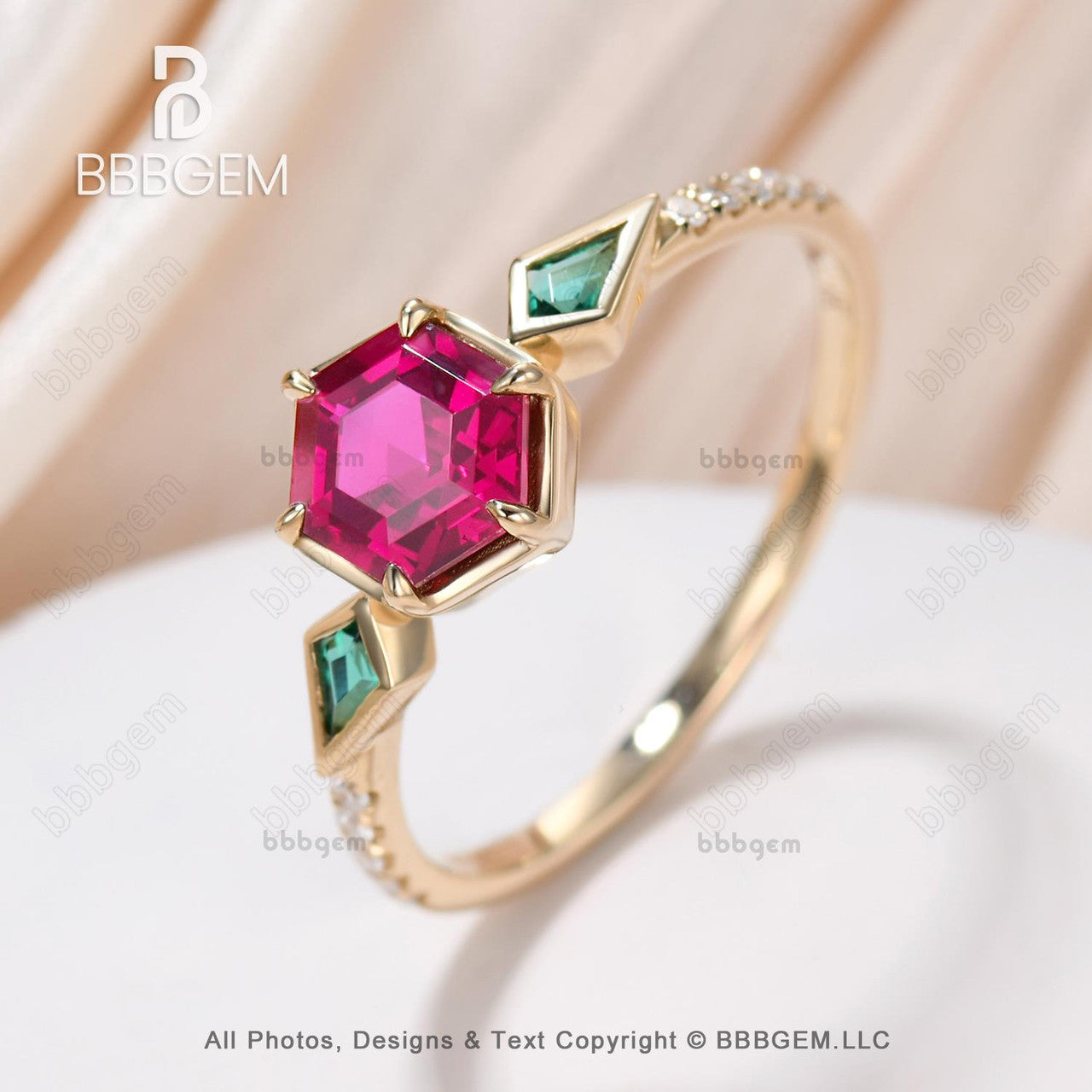 Vintage Hexagon Lab Ruby & Emerald Engagement Ring for Women - Silver 3 Stone Kite Cut Side Stones, Perfect for Weddings, Anniversaries & Special Occasions