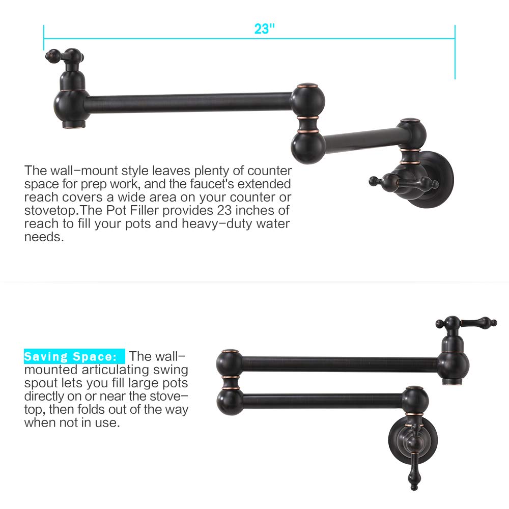 Oil Rubbed Bronze Commercial Pot Filler Faucet - Stainless Steel Wall Mount Kitchen Faucet with Folding Stretchable Double Joint & 2 Handles - Perfect for Restaurant, Home Kitchen & High-Traffic Sink Areas