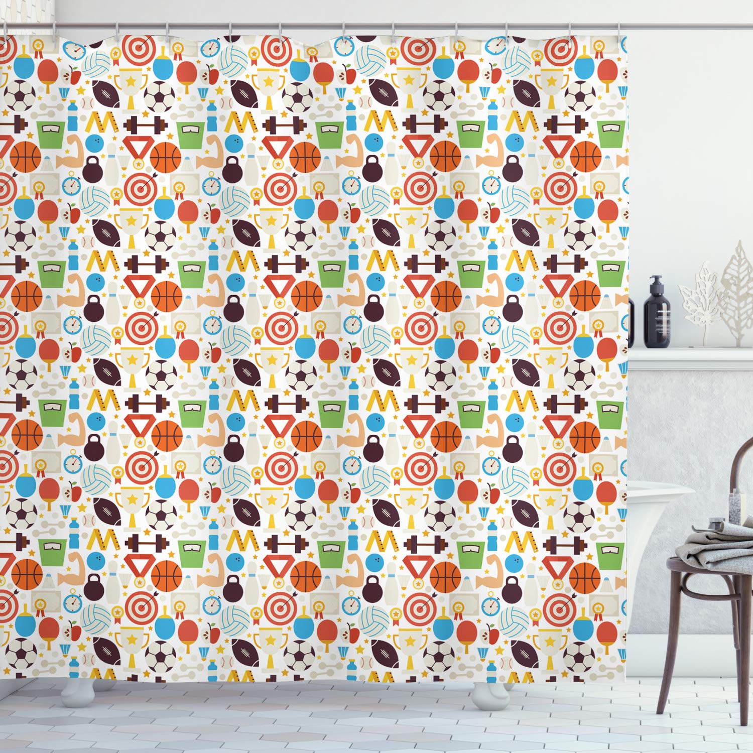 Ambesonne Sports Themed Shower Curtain - Abstract Volleyball Soccer Design, 69x75 Inch Waterproof Fabric Bathroom Decor with Hooks | Perfect for Gym Locker Rooms, Dorm Bathrooms & Sports Enthusiast Homes