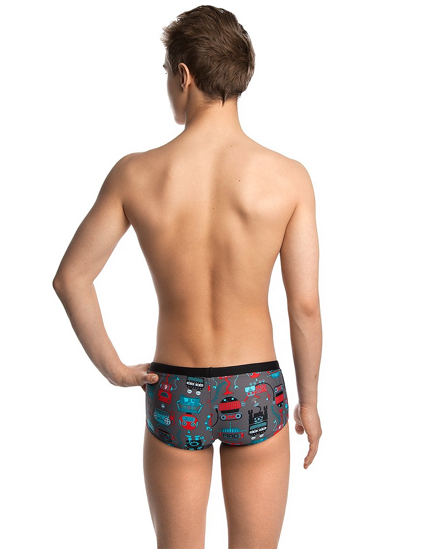 Mad Wave Boys Swim Trunks with Robot Print - Red & Black for Kids Beach, Pool & Summer Activities