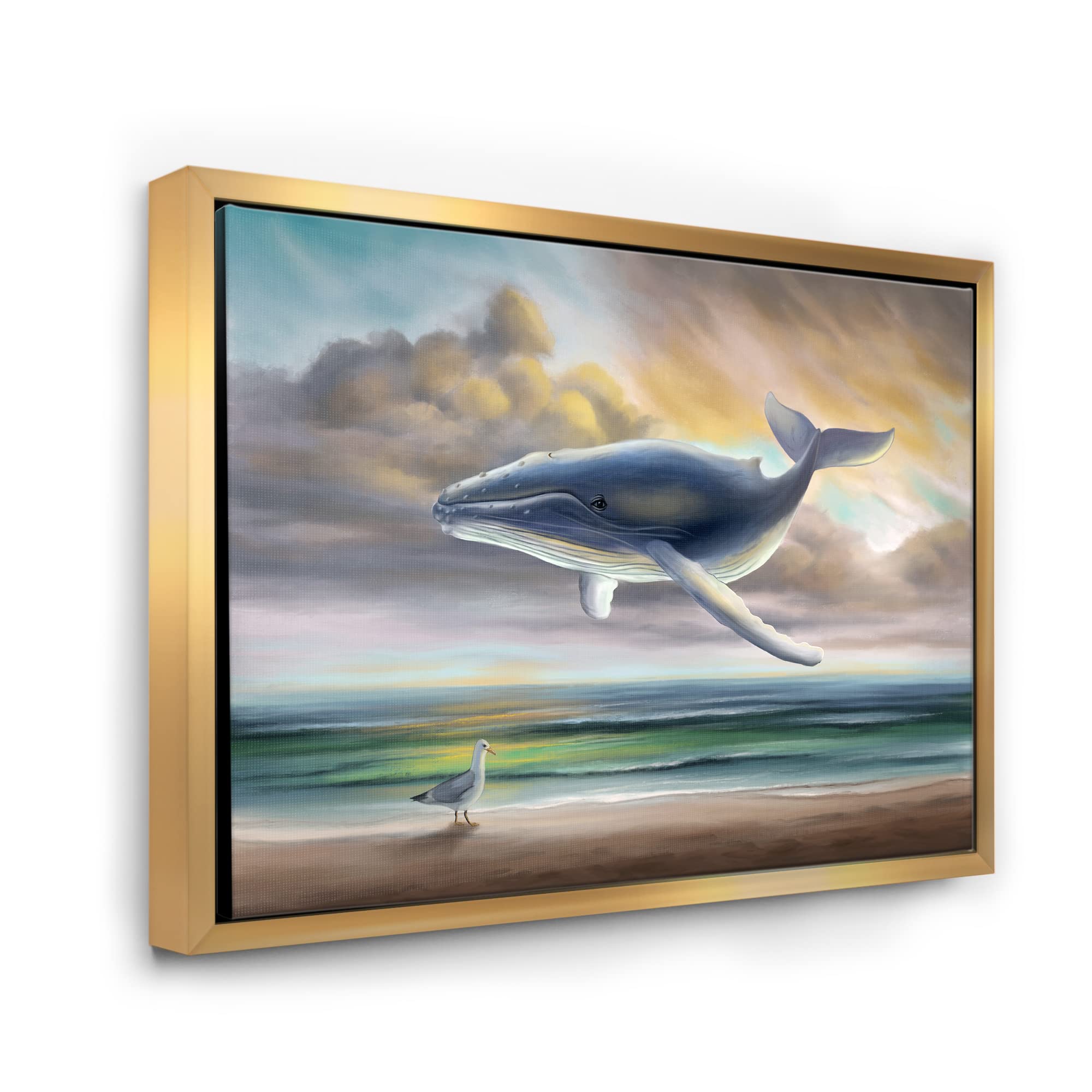 DesignQ Whale Floating In The Sky - Kids Room Decor, Nursery Wall Art, Framed Canvas Print for Children's Bedroom & Playroom