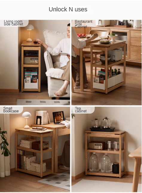 Solid Oak and Ash Wood Mobile Side Table - Portable End Table for Living Room, Bedroom, or Outdoor Use