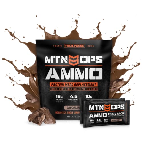 MTN OPS Ammo Trail Packs Protein Powder - Chocolate Flavor, 20 Servings | Meal Replacement & Energy Boost for Hiking, Camping & Outdoor Adventures