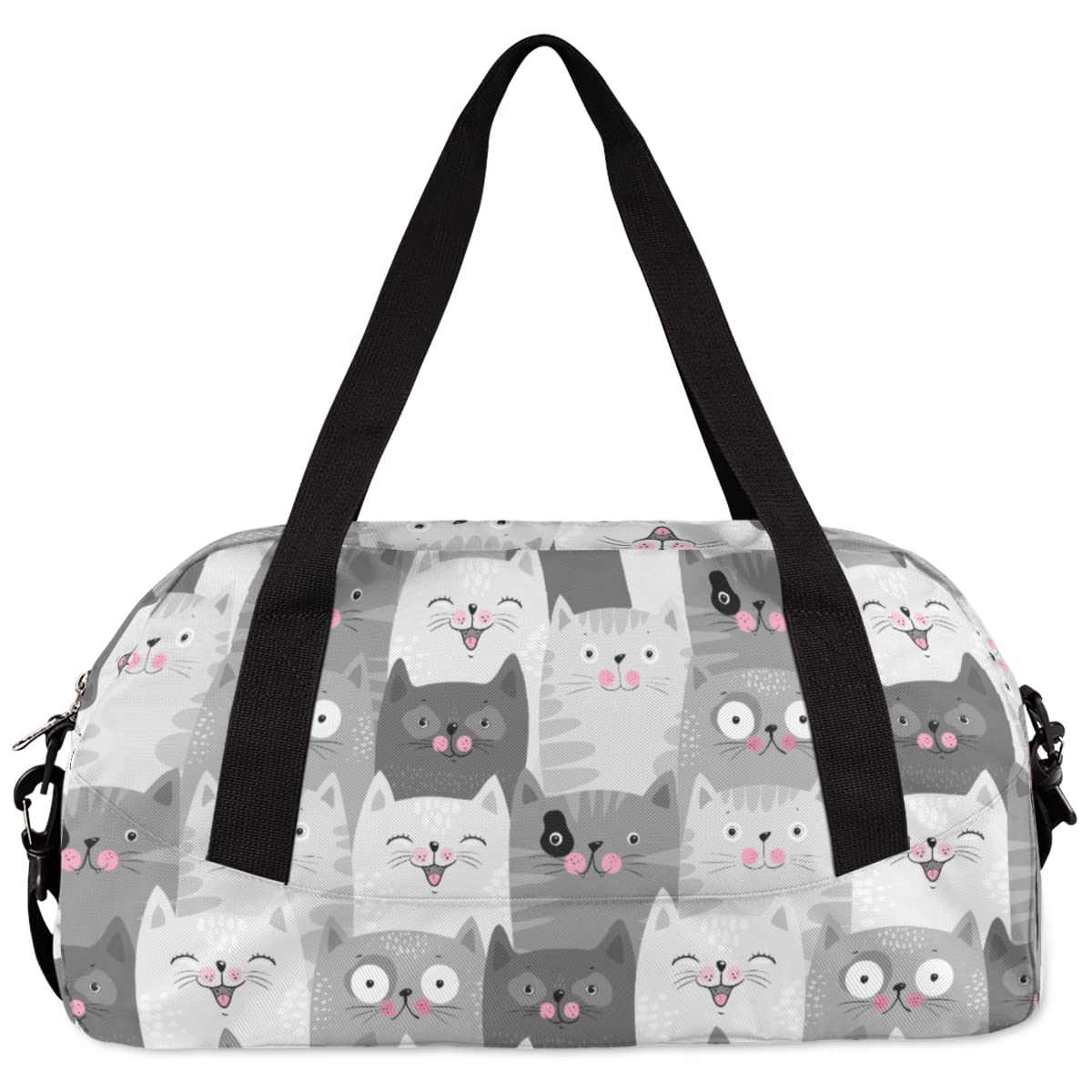 Cat Duffle Bag for Kids - Cute Lightweight Water Resistant Foldable Animal Gym Bag, Grey Dance Weekender Overnight Carry On Travel Bag for School, Sports, Gym, Camping & Beach Trips - Perfect for Sleepovers, Dance Classes, and Weekend Getaways