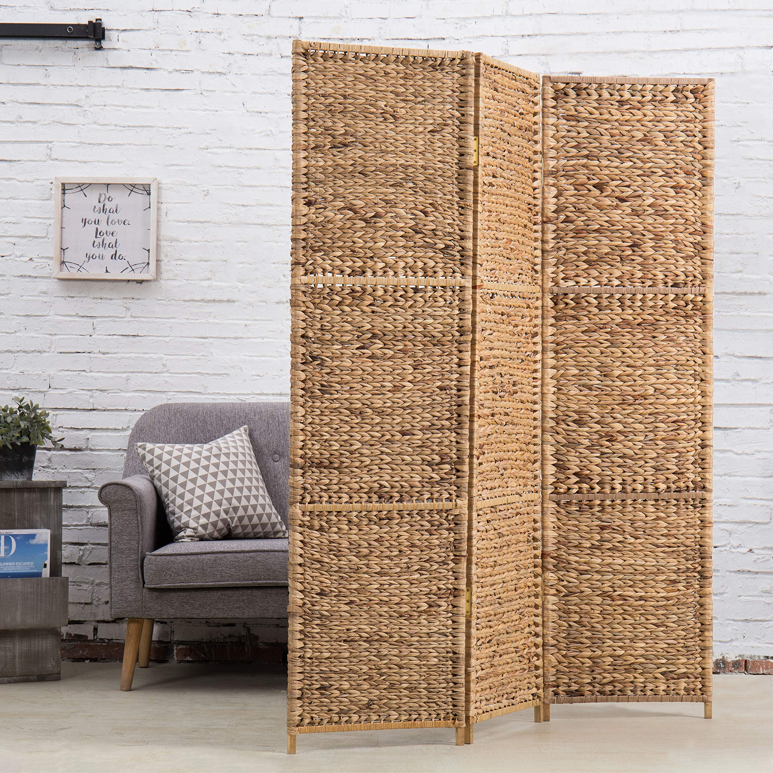 MyGift Handwoven Seagrass 3-Panel Room Divider Screen with Solid Wood Frame - Foldable Partition for Living Room, Bedroom, Office Privacy - Natural Brown Home Decor