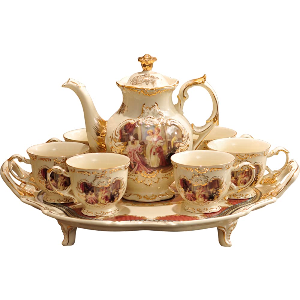 8-Piece Porcelain Coffee and Tea Gift Set with 6 Cups, Teapot, Serving Tray & Espresso Cups - European Classic Gold Trim Design - Elegant Tea Party Set for Home, Office or Gifting