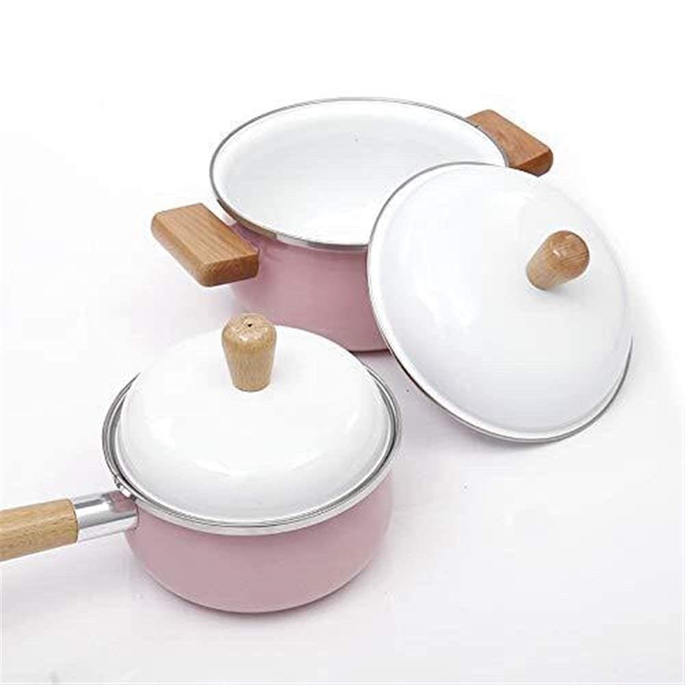 Premium Enamel Milk Pot with Wooden Handle - Non-Stick 2-Piece Cooking Set for Baby Food, Soups & Small Meals | Perfect for Infants, Camping & Small Kitchen Cooking