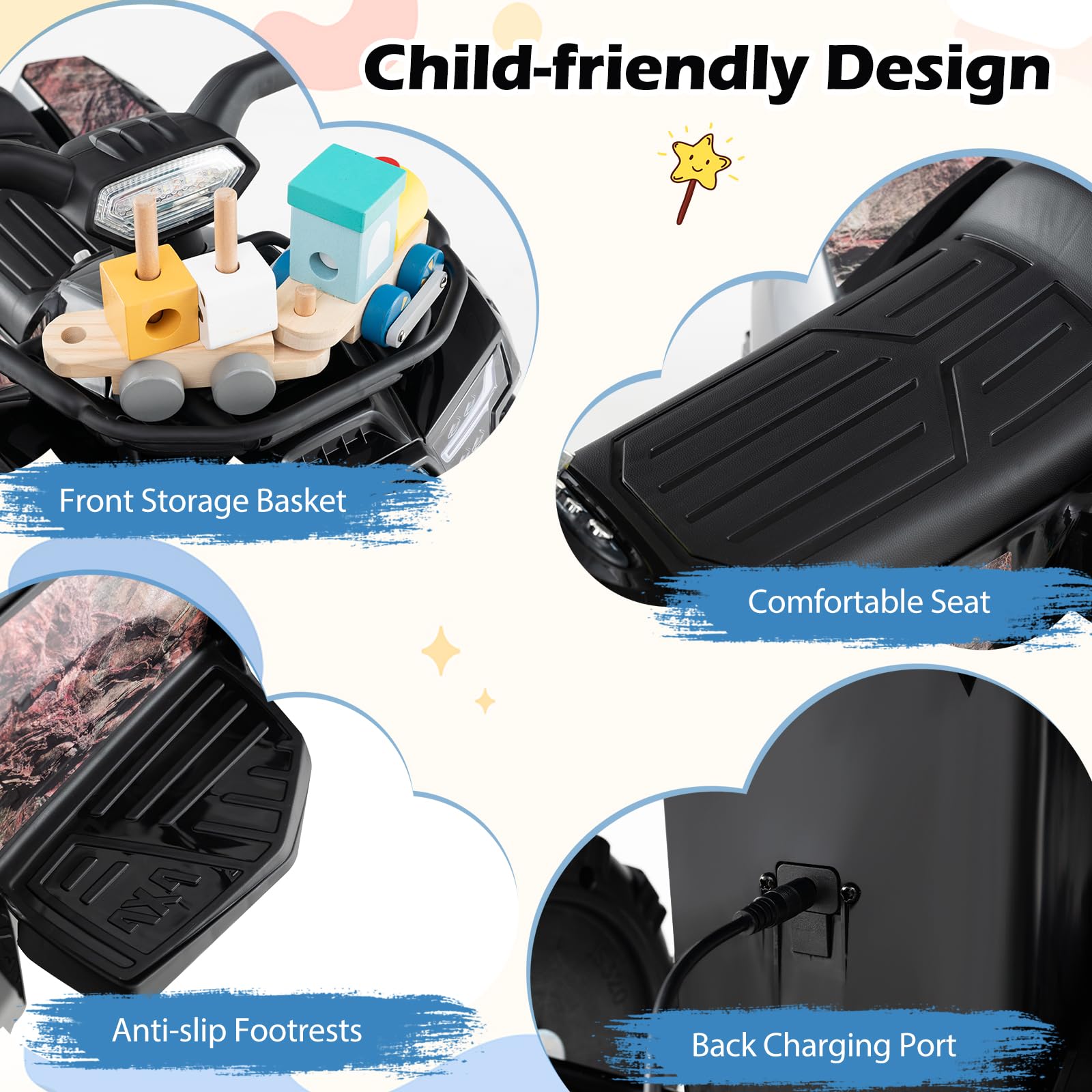 Costzon 6V Kids ATV Electric Ride-On Toy with Storage Basket, Headlight, Horn, Music, MP3 & USB - Battery Powered Four Wheeler Quad for Toddlers 18-36 Months (Black+Camo) - Perfect for Outdoor Play, Backyard Adventures & Birthday Gifts for Boys & Girls