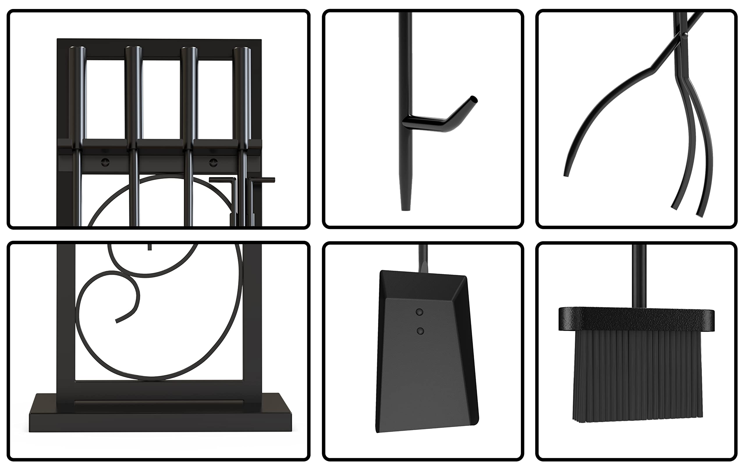 5-Piece Black Steel Fireplace Tool Set with Brush, Poker, Spatula & Pliers - Heavy Duty Fireplace Accessories for Wood Stove, Fire Pit & Hearth Maintenance