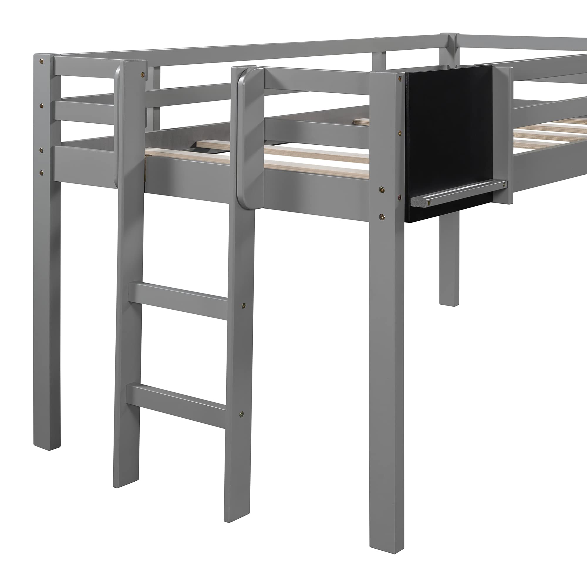 Low Loft Bed with Slide & Chalkboard - Twin Size Kids Loft Bed Frame for Bedroom, Living Room or Guest Room - No Box Spring Needed & Easy Assembly (Gray) - Perfect for Small Spaces & Playrooms